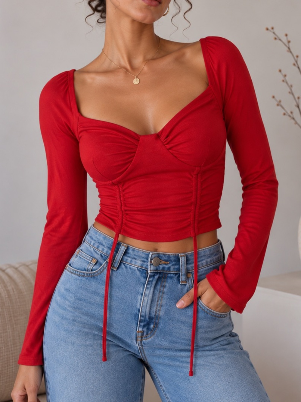 Fitted Red Long-Sleeve Ruched Crop Top